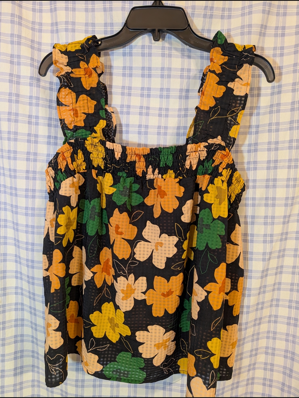 Who What Wear Black Top with Yellow-Orange Floral Accents
